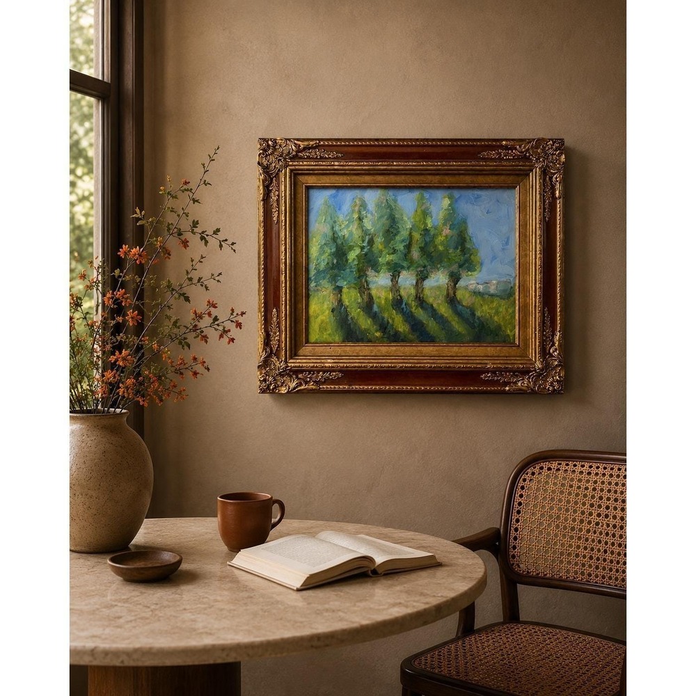 Original Impressionist Landscape Acrylic  Painting Framed Cottagecore Tree Art